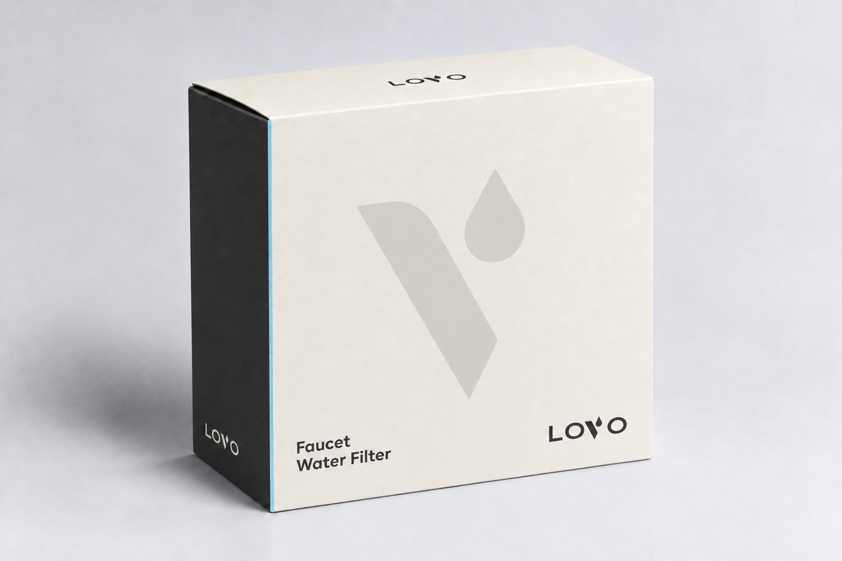LOVO faucet water filter cream and charcoal packaging